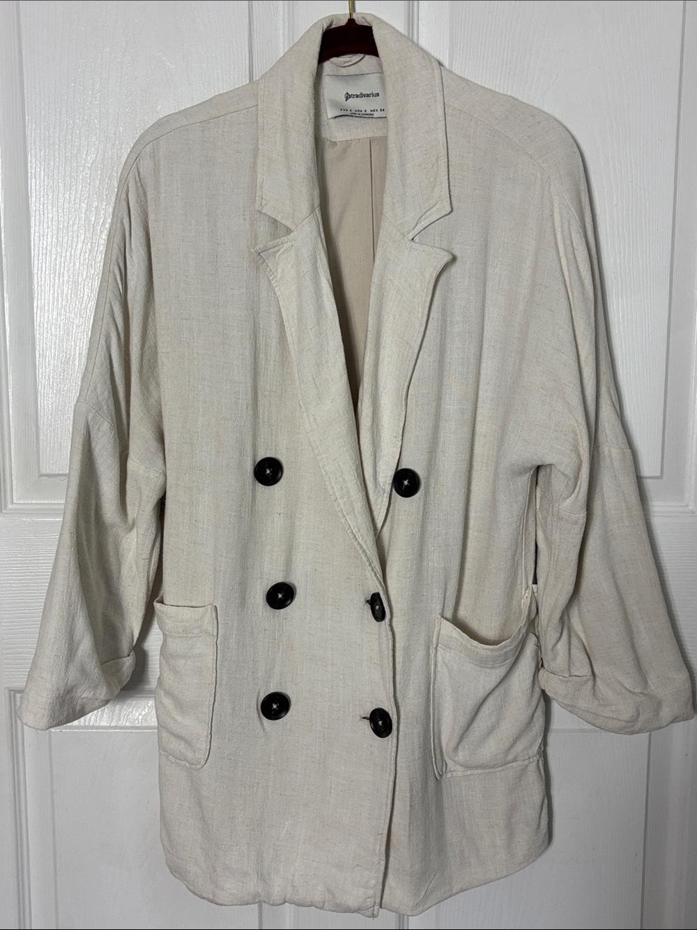 Stradivarius Cream Double-Breasted Viscose Linen Blend Blazer Oversized Sz Small